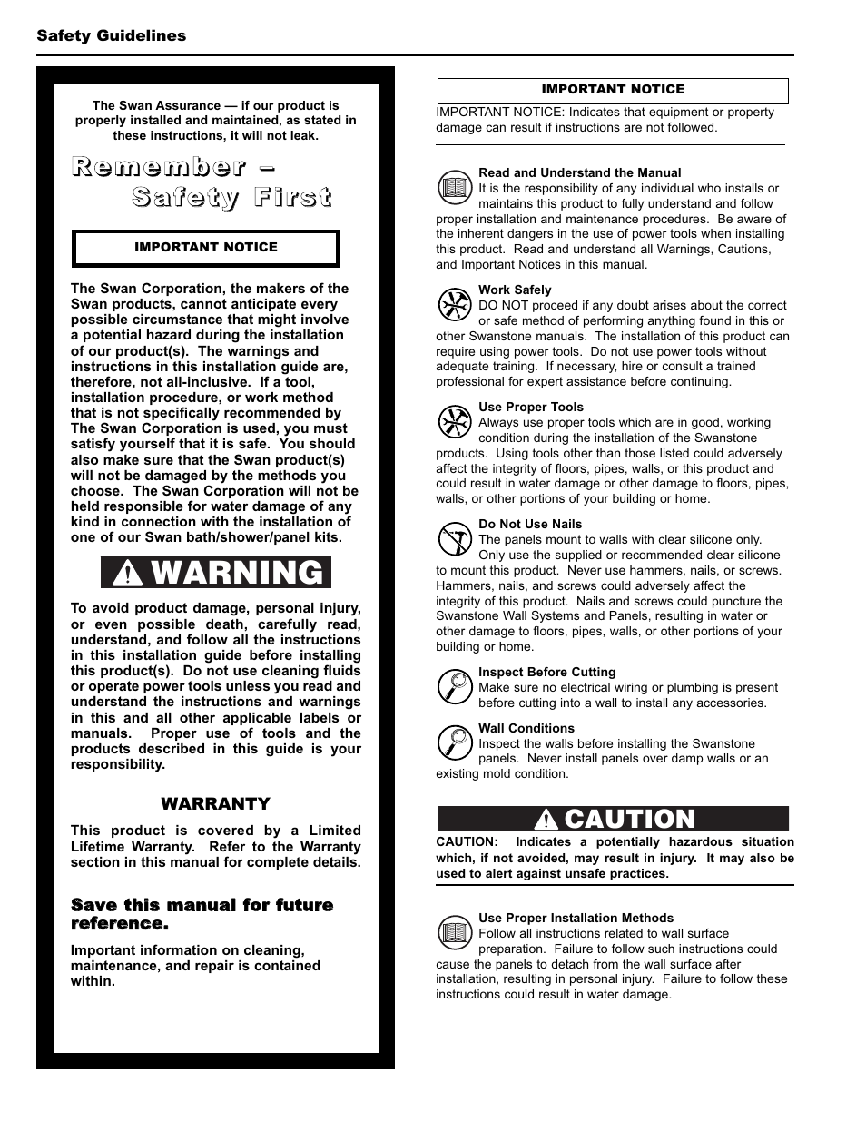 Warning, Caution | Swanstone STMK96-(xxxx) - Installation User Manual | Page 2 / 20