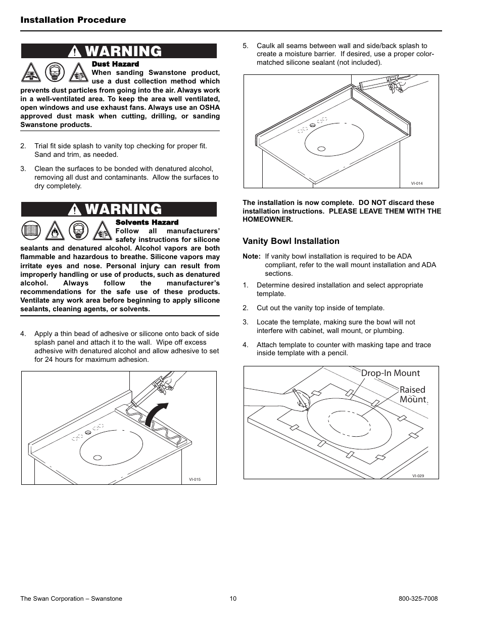 Warning, Drop-in mount raised mount | Swanstone WB-2218 - Installation User Manual | Page 10 / 20