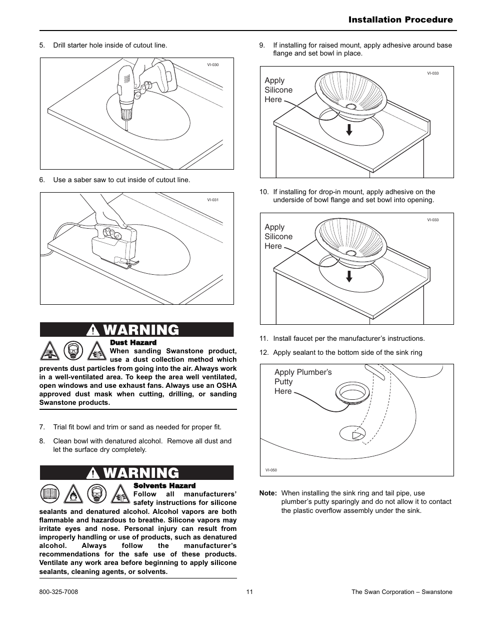 Warning | Swanstone WB-2218 - Installation User Manual | Page 11 / 20