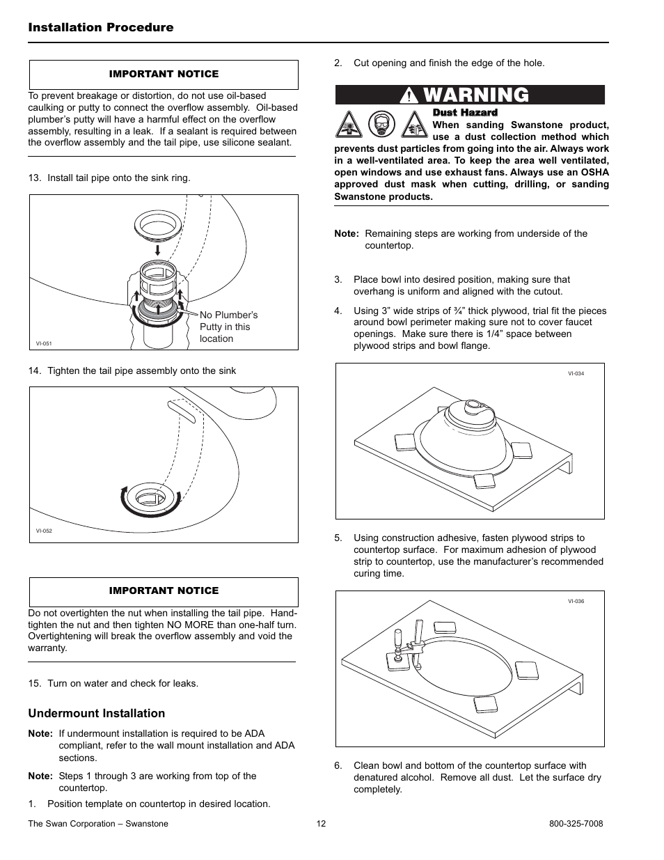 Warning | Swanstone WB-2218 - Installation User Manual | Page 12 / 20