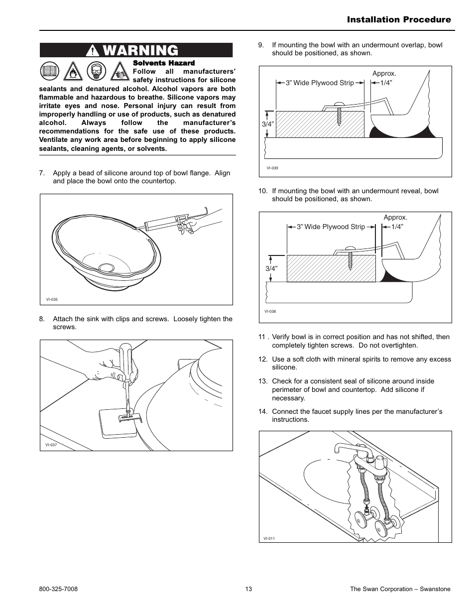 Warning, Installation procedure | Swanstone WB-2218 - Installation User Manual | Page 13 / 20