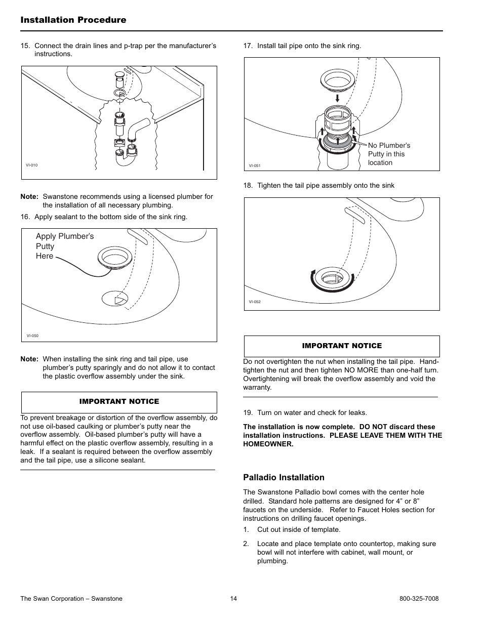 Palladio installation, Installation procedure | Swanstone WB-2218 - Installation User Manual | Page 14 / 20