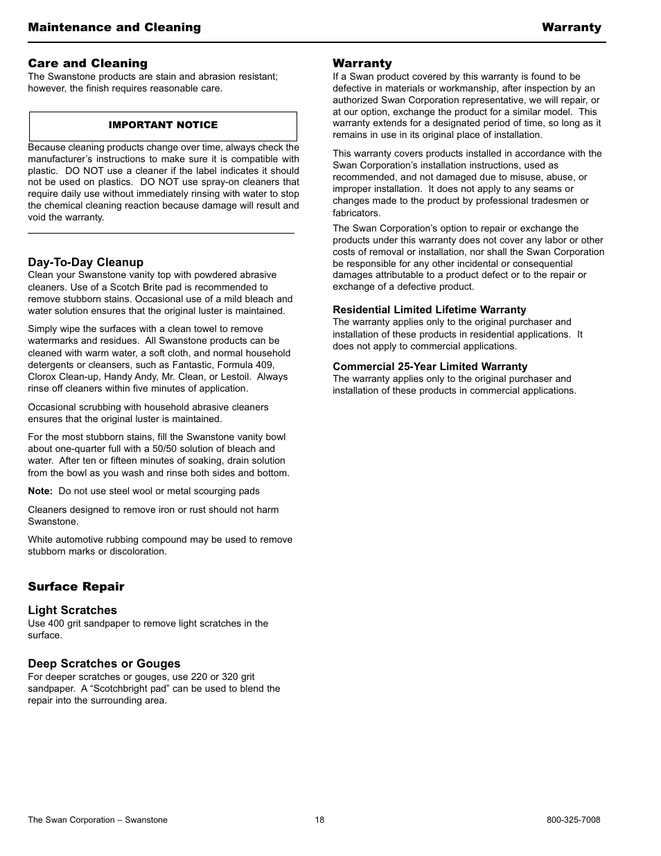 Swanstone WB-2218 - Installation User Manual | Page 18 / 20