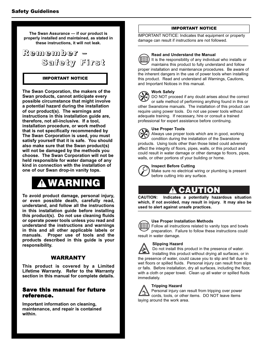 Warning, Caution | Swanstone WB-2218 - Installation User Manual | Page 2 / 20