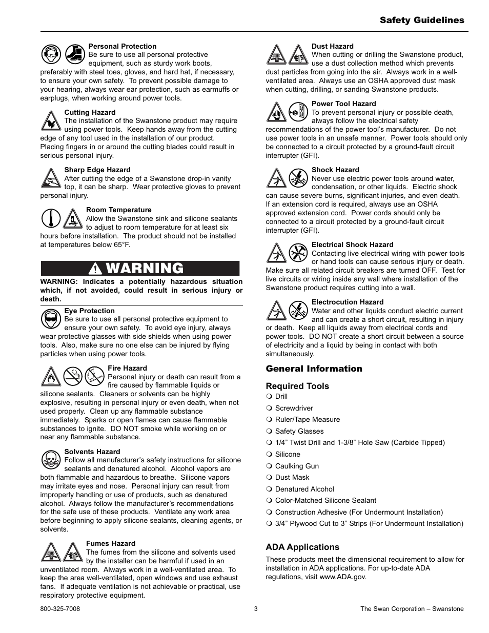 Warning | Swanstone WB-2218 - Installation User Manual | Page 3 / 20