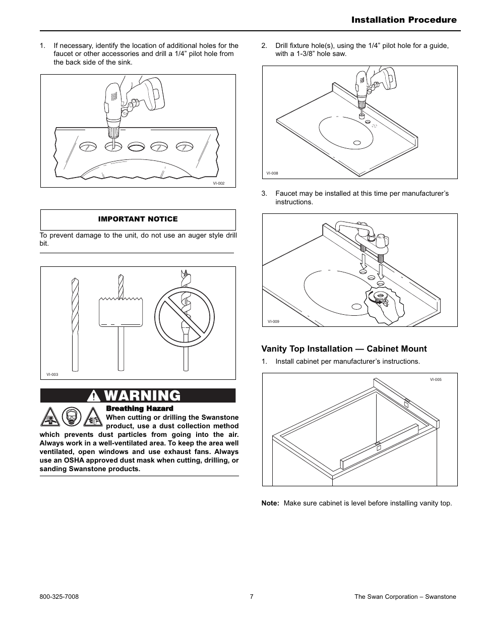 Warning, Vanity top installation — cabinet mount, Installation procedure | Swanstone WB-2218 - Installation User Manual | Page 7 / 20