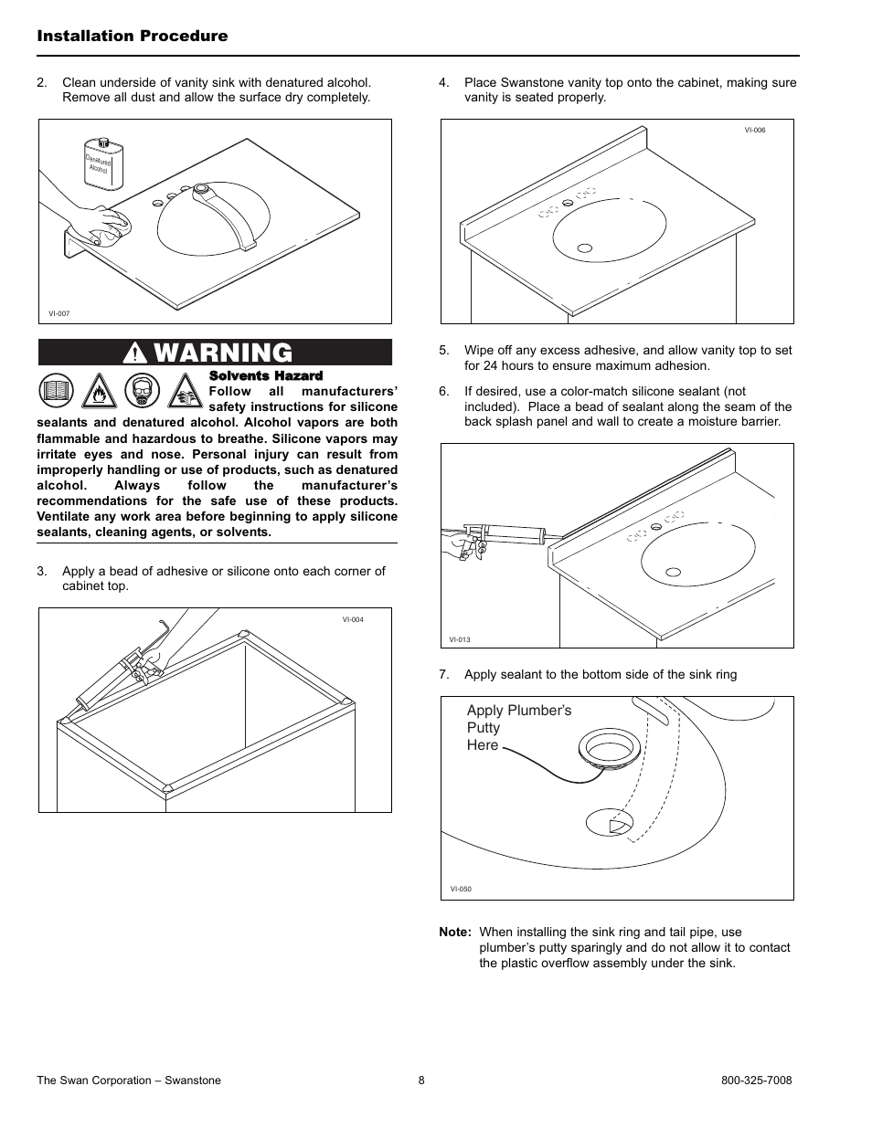 Warning, Installation procedure | Swanstone WB-2218 - Installation User Manual | Page 8 / 20