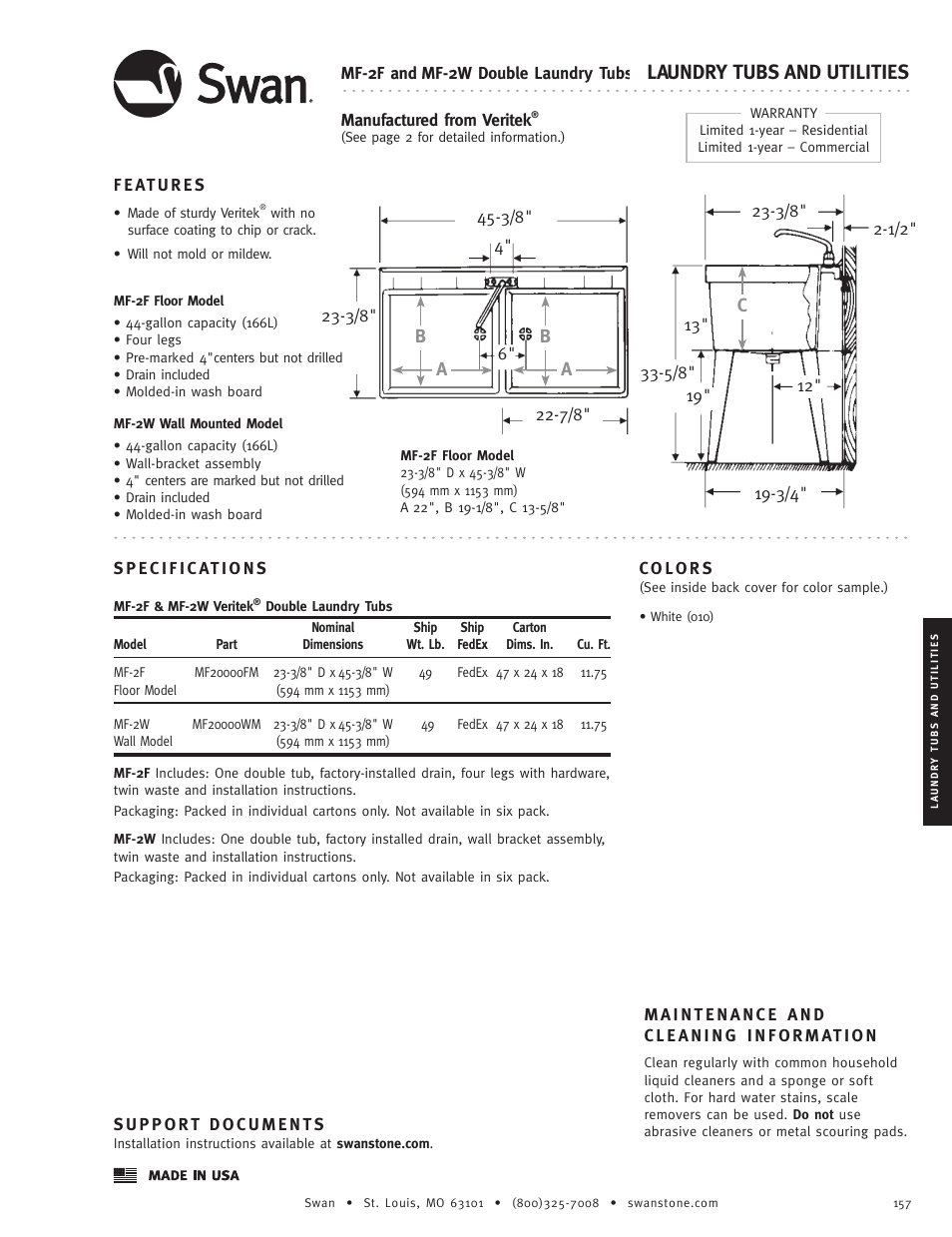 Swanstone MF-2W - Specification User Manual | 1 page