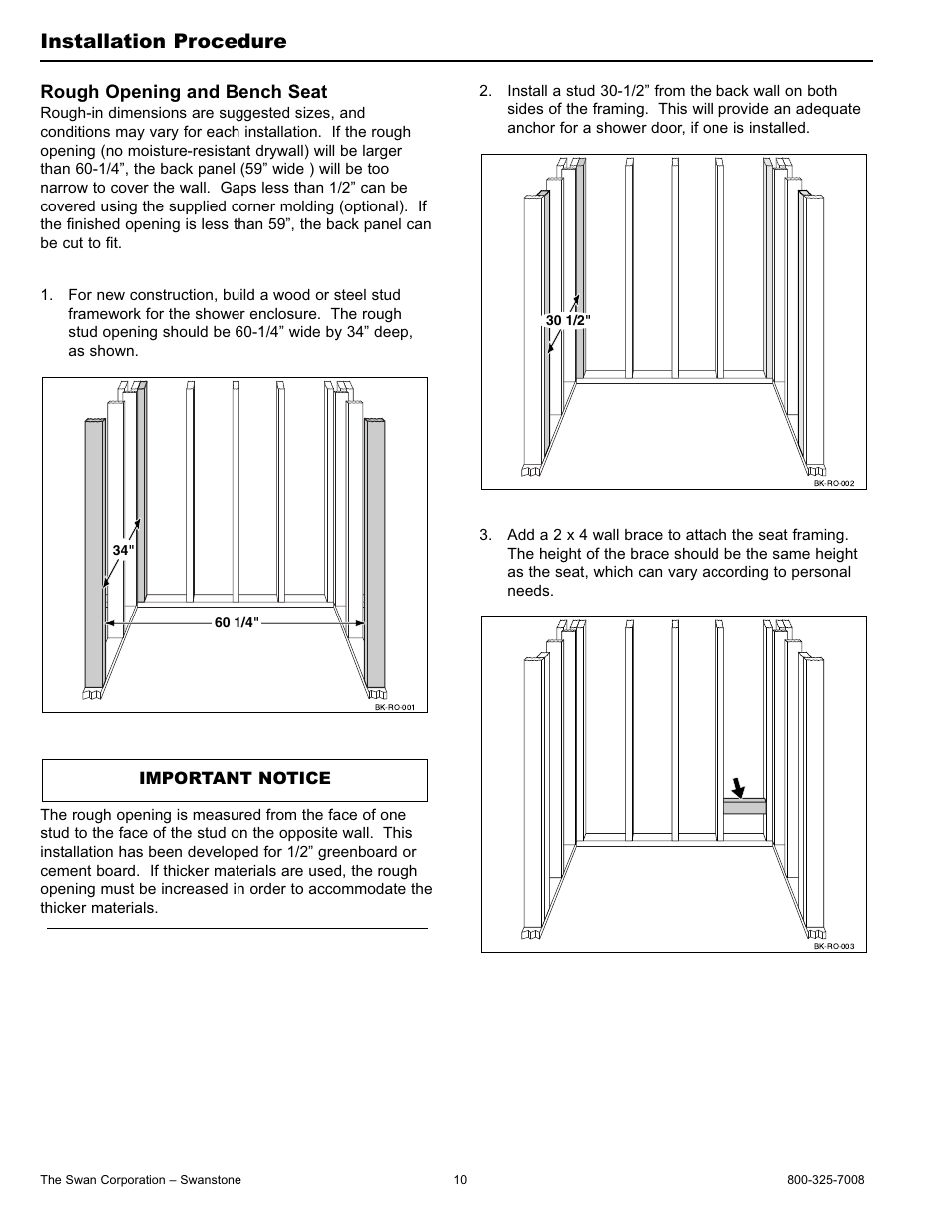 Installation procedure, Rough opening and bench seat | Swanstone BK-326072 - Installation User Manual | Page 10 / 32