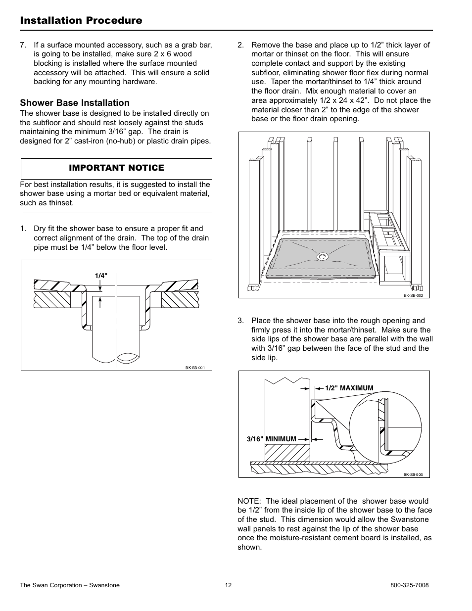 Installation procedure, Shower base installation | Swanstone BK-326072 - Installation User Manual | Page 12 / 32