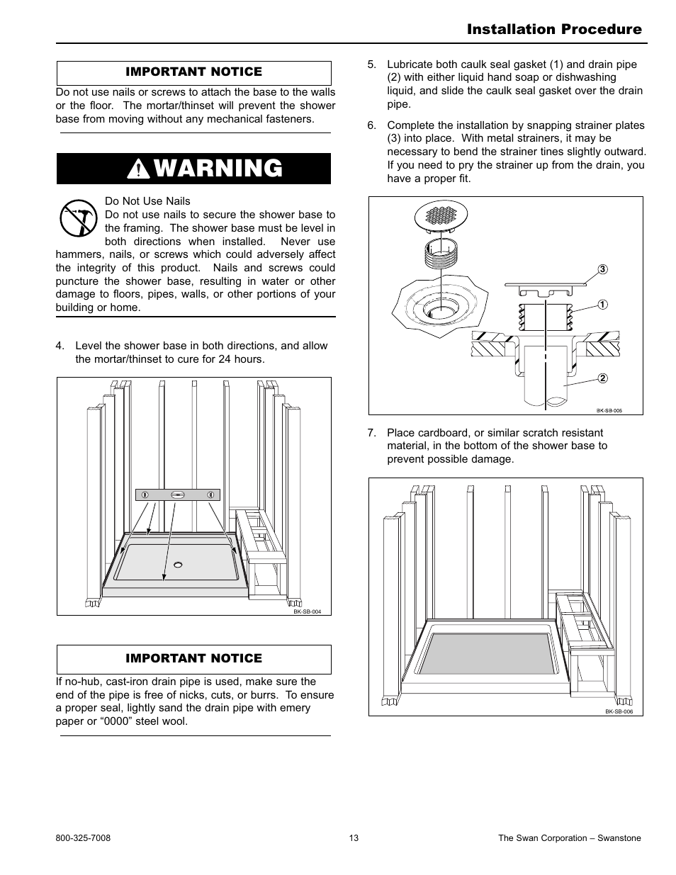 Warning, Installation procedure | Swanstone BK-326072 - Installation User Manual | Page 13 / 32