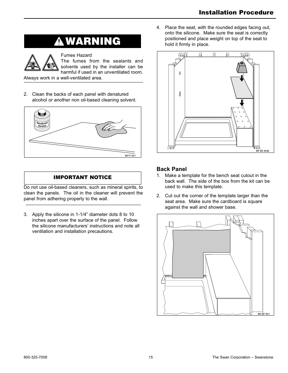 Warning, Installation procedure | Swanstone BK-326072 - Installation User Manual | Page 15 / 32