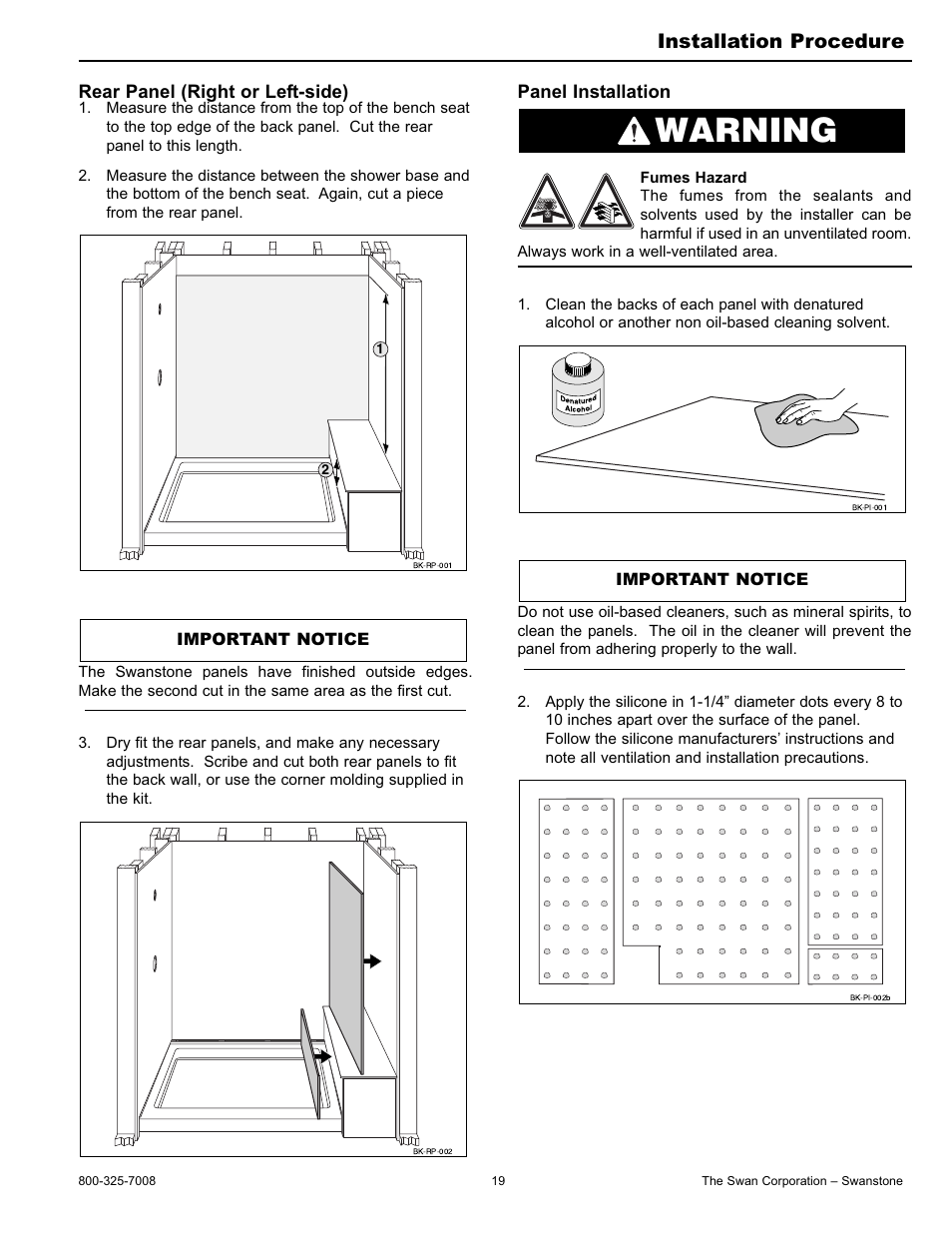 Warning, Installation procedure | Swanstone BK-326072 - Installation User Manual | Page 19 / 32