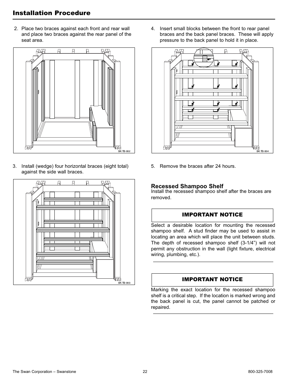 Installation procedure, Recessed shampoo shelf | Swanstone BK-326072 - Installation User Manual | Page 22 / 32