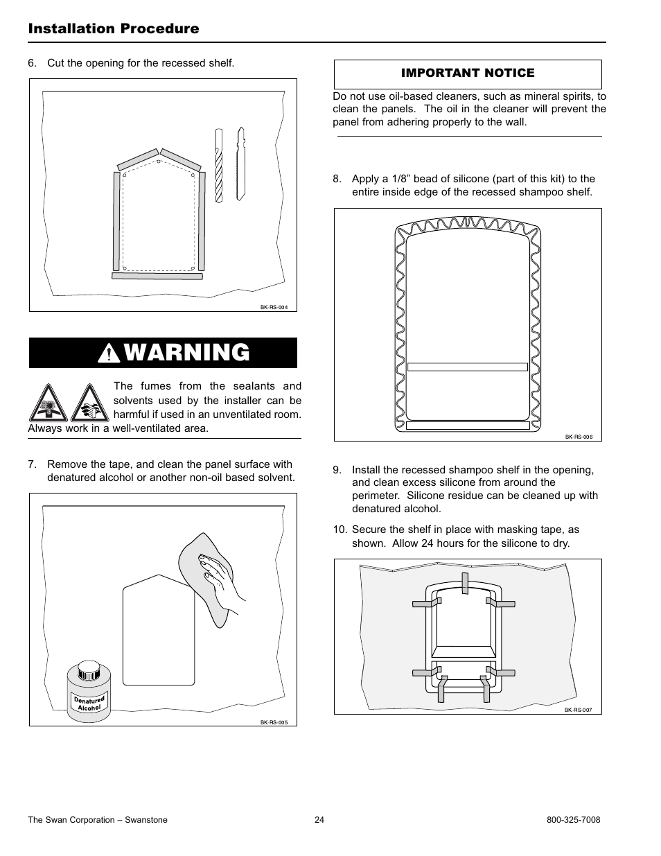 Warning, Installation procedure | Swanstone BK-326072 - Installation User Manual | Page 24 / 32