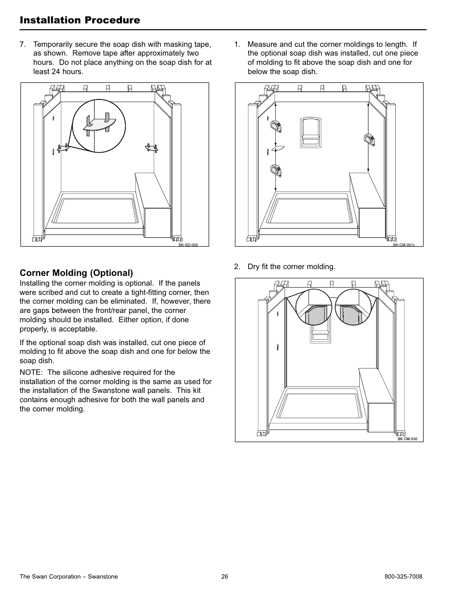 Installation procedure, Corner molding (optional) | Swanstone BK-326072 - Installation User Manual | Page 26 / 32