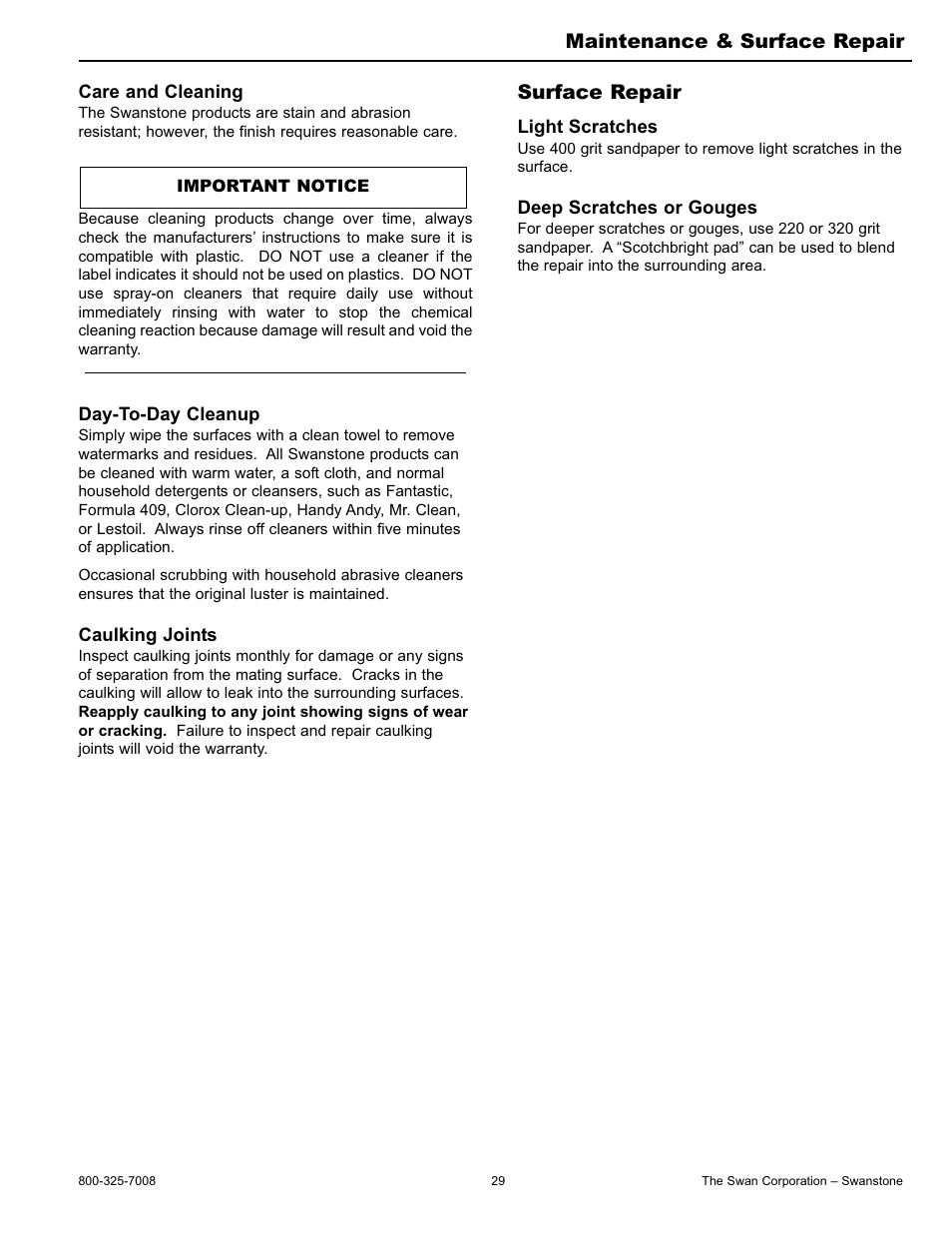 Surface repair, Maintenance & surface repair | Swanstone BK-326072 - Installation User Manual | Page 29 / 32