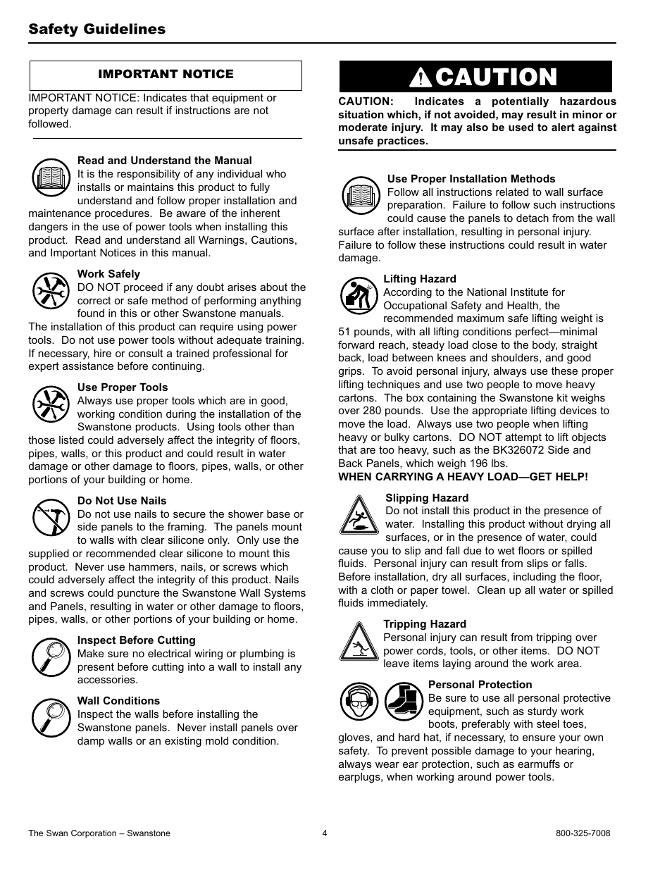 Caution, Safety guidelines | Swanstone BK-326072 - Installation User Manual | Page 4 / 32