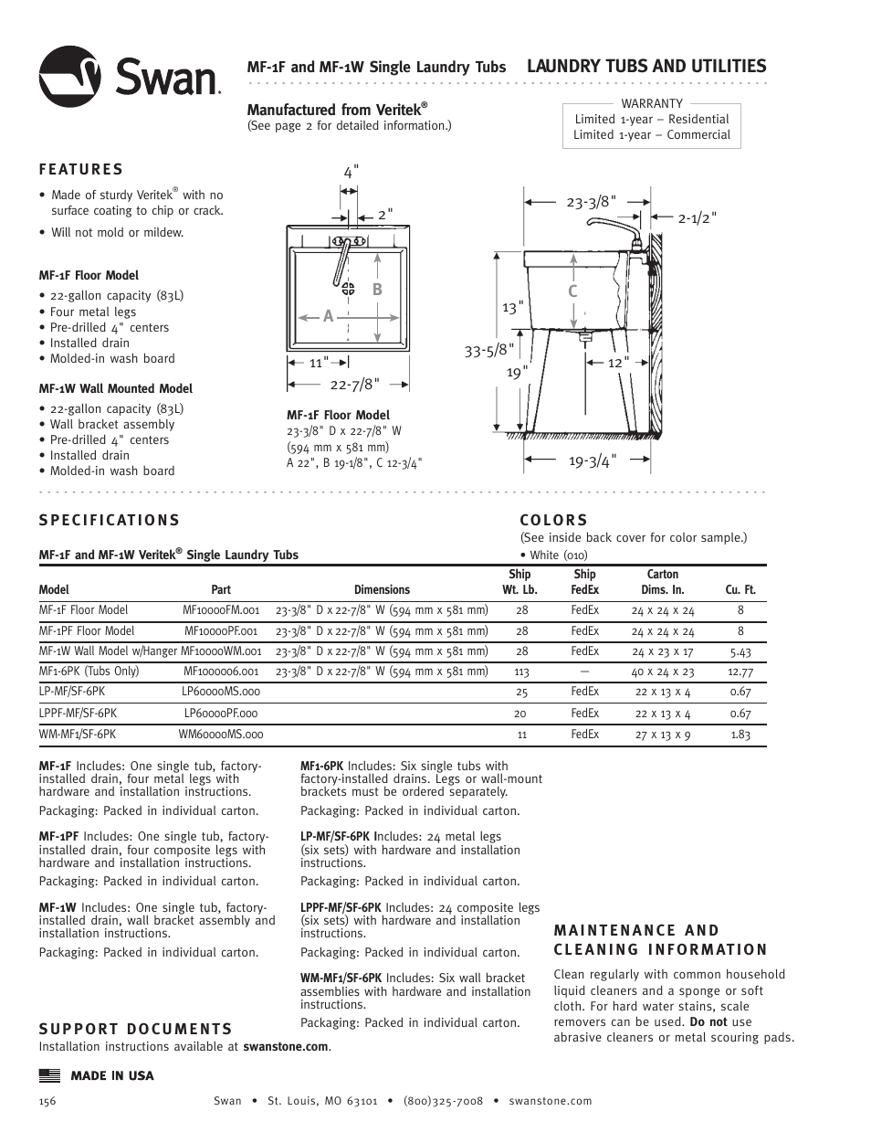 Swanstone MF-1W - Specification User Manual | 1 page