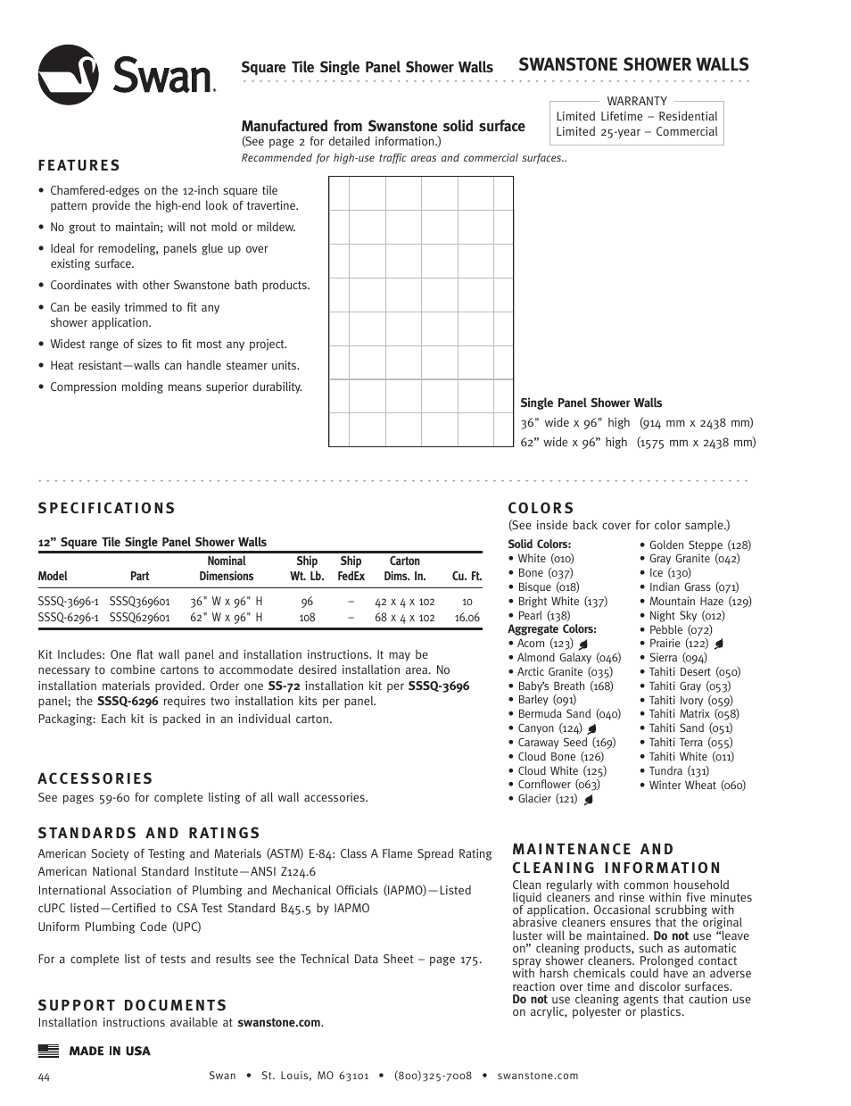 Swanstone SSSQ-6296-1 - Specification User Manual | 1 page