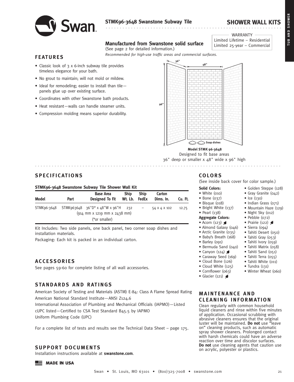 Shower wall kits | Swanstone STMK96-(xxxx) - Specification User Manual | Page 2 / 4