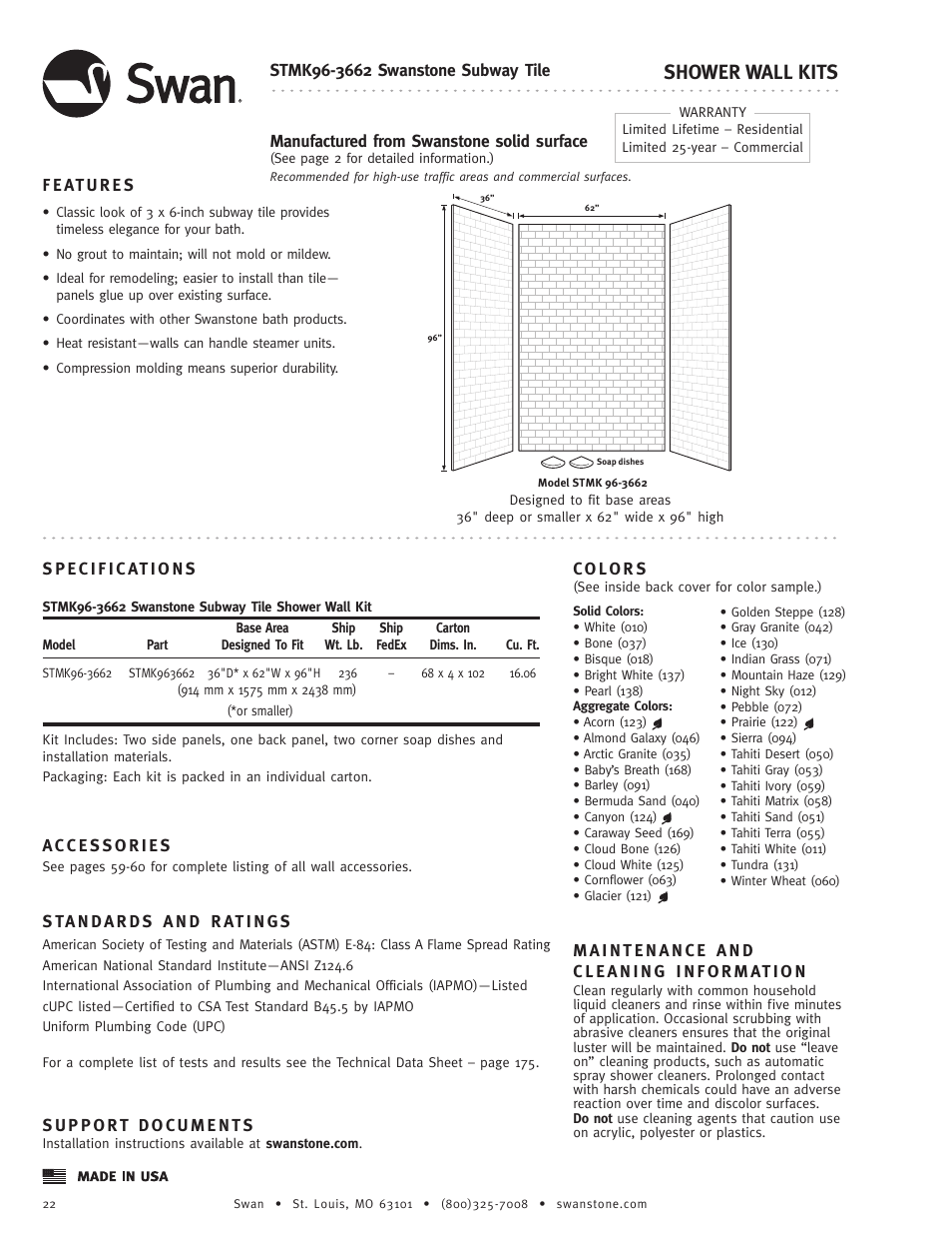 Shower wall kits | Swanstone STMK96-(xxxx) - Specification User Manual | Page 3 / 4