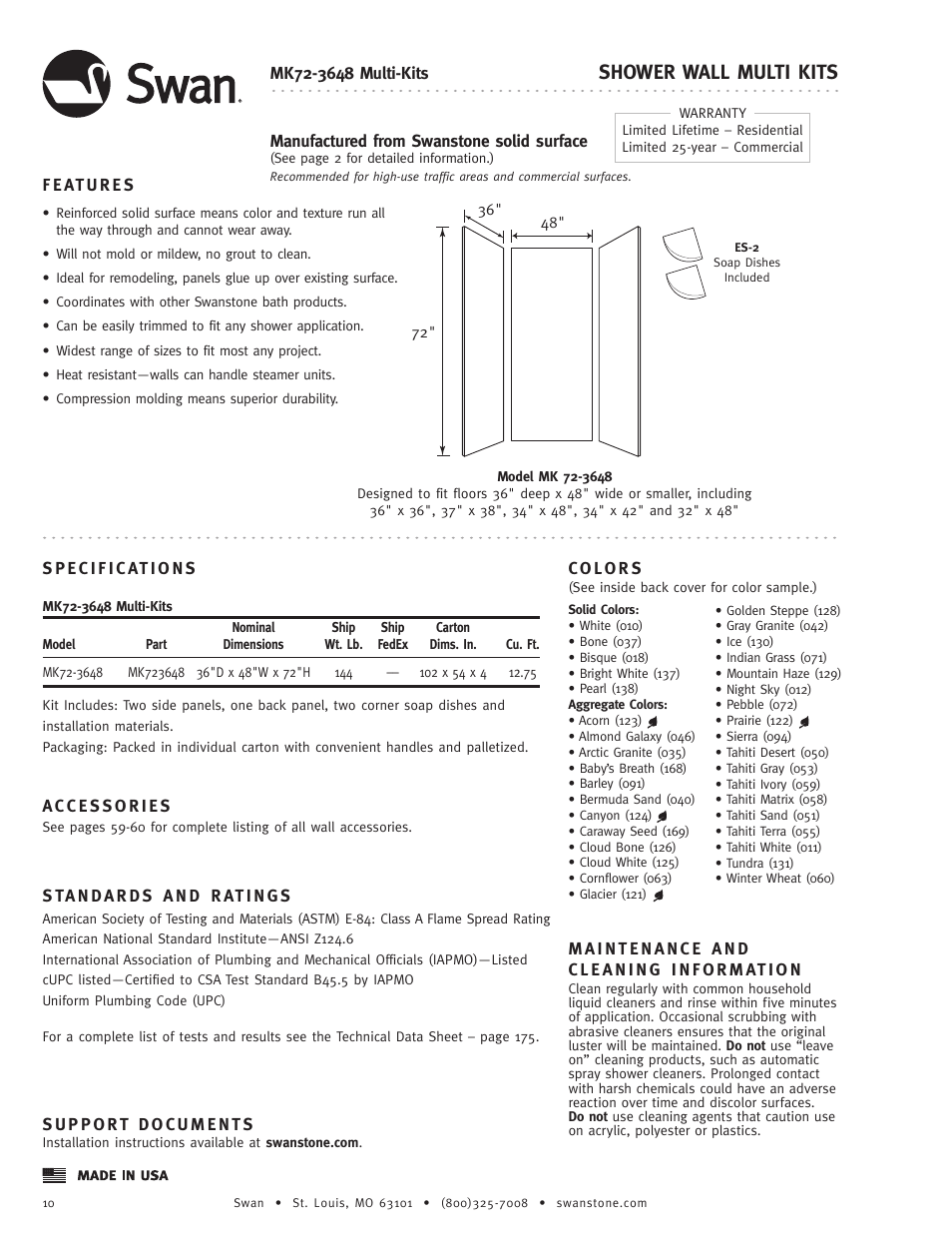 Swanstone MK72-3648 - Specification User Manual | 1 page