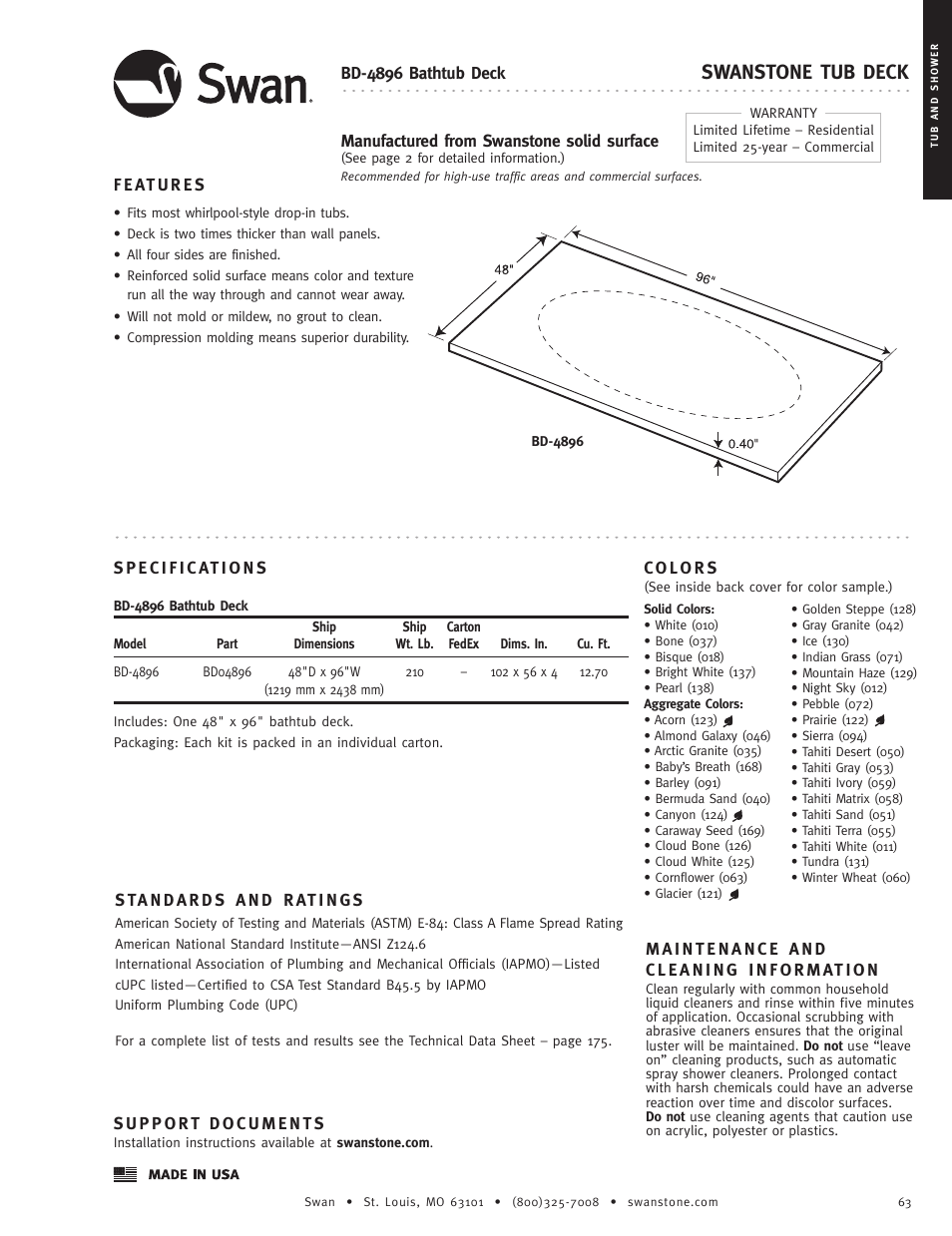 Swanstone BD-4896 - Specification User Manual | 1 page