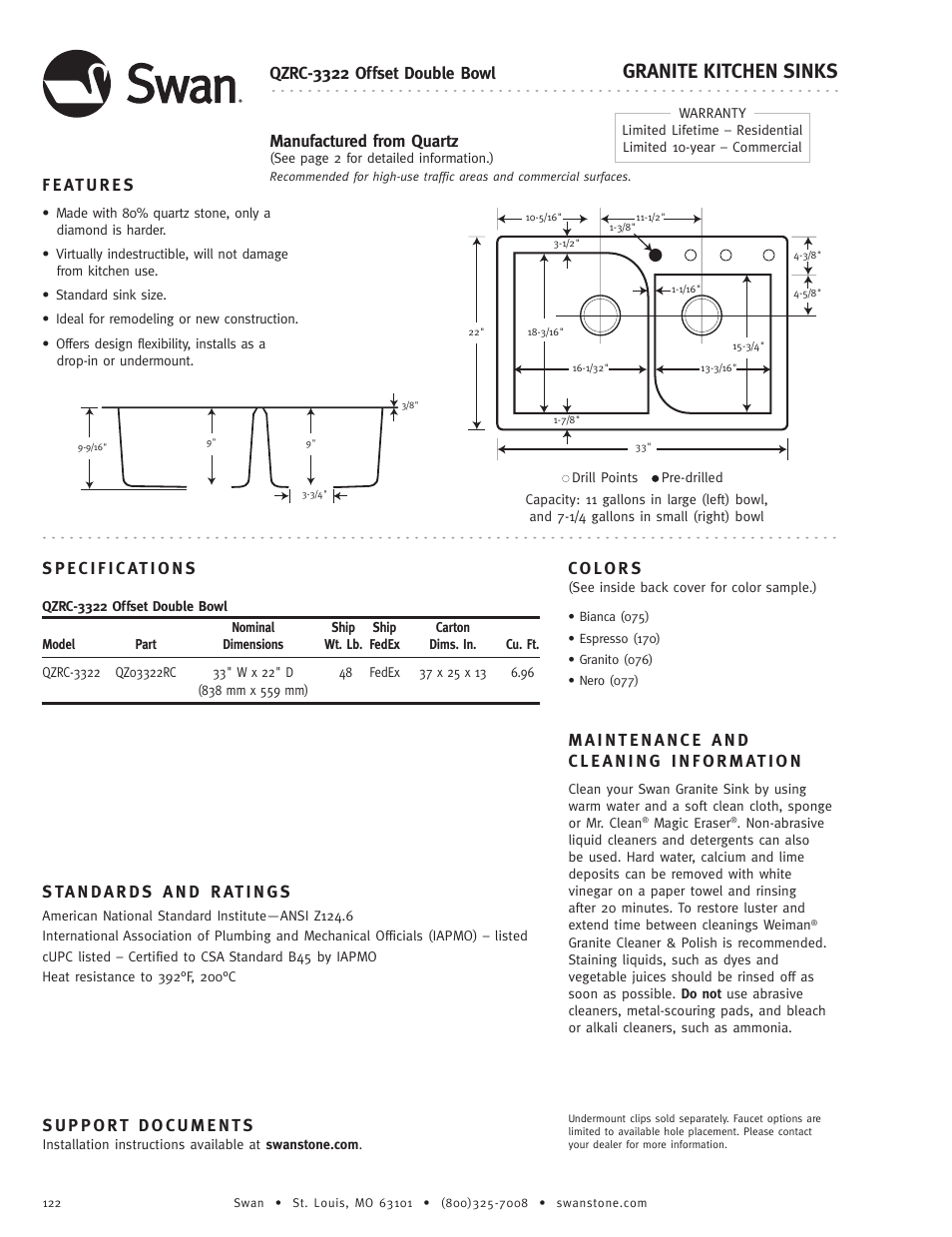 Swanstone QZRC-3322 - Specification User Manual | 1 page