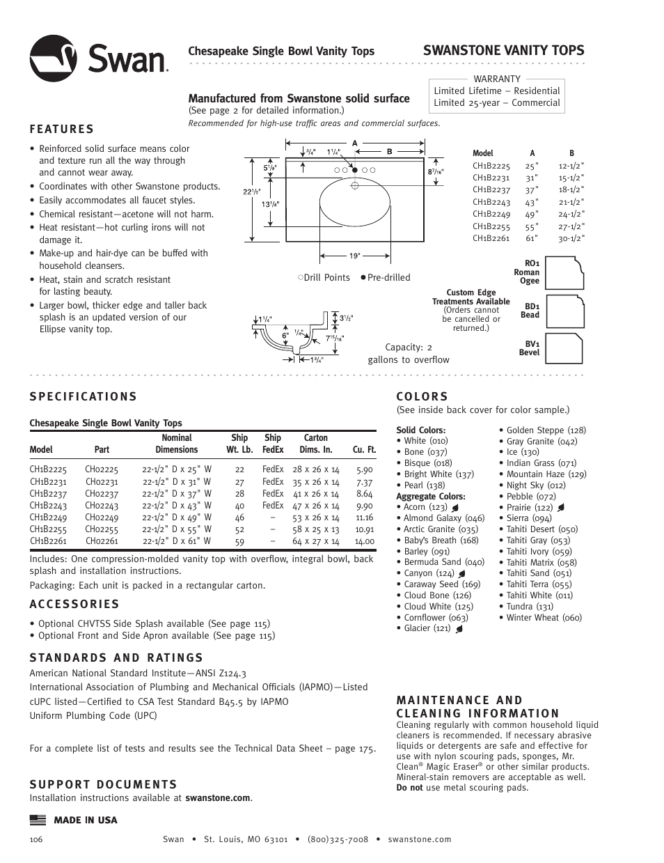 Swanstone CH1B-22xx - Specification User Manual | 1 page