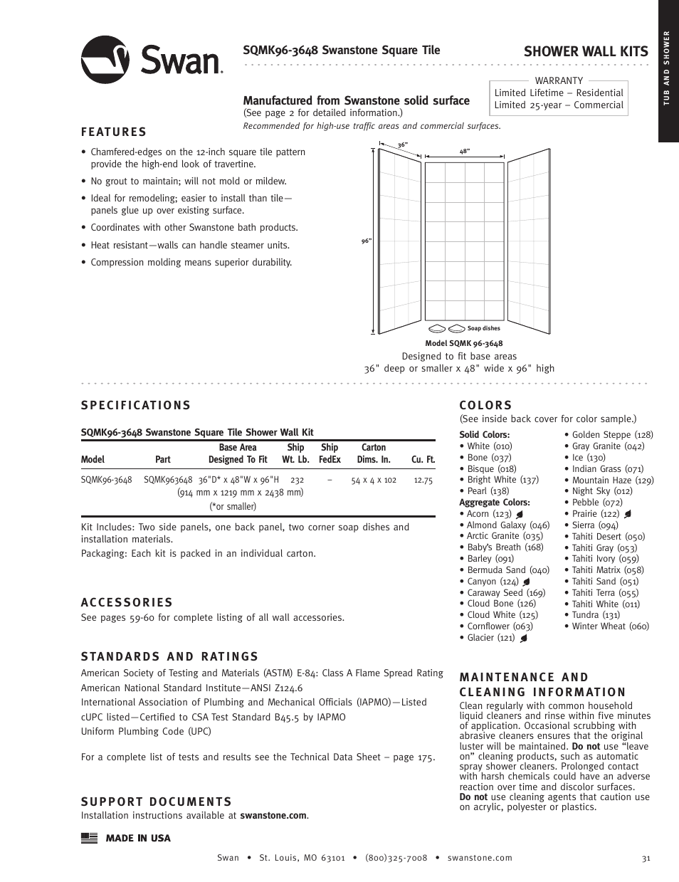 Shower wall kits | Swanstone SQMK96-(xxxx) - Specification User Manual | Page 2 / 4