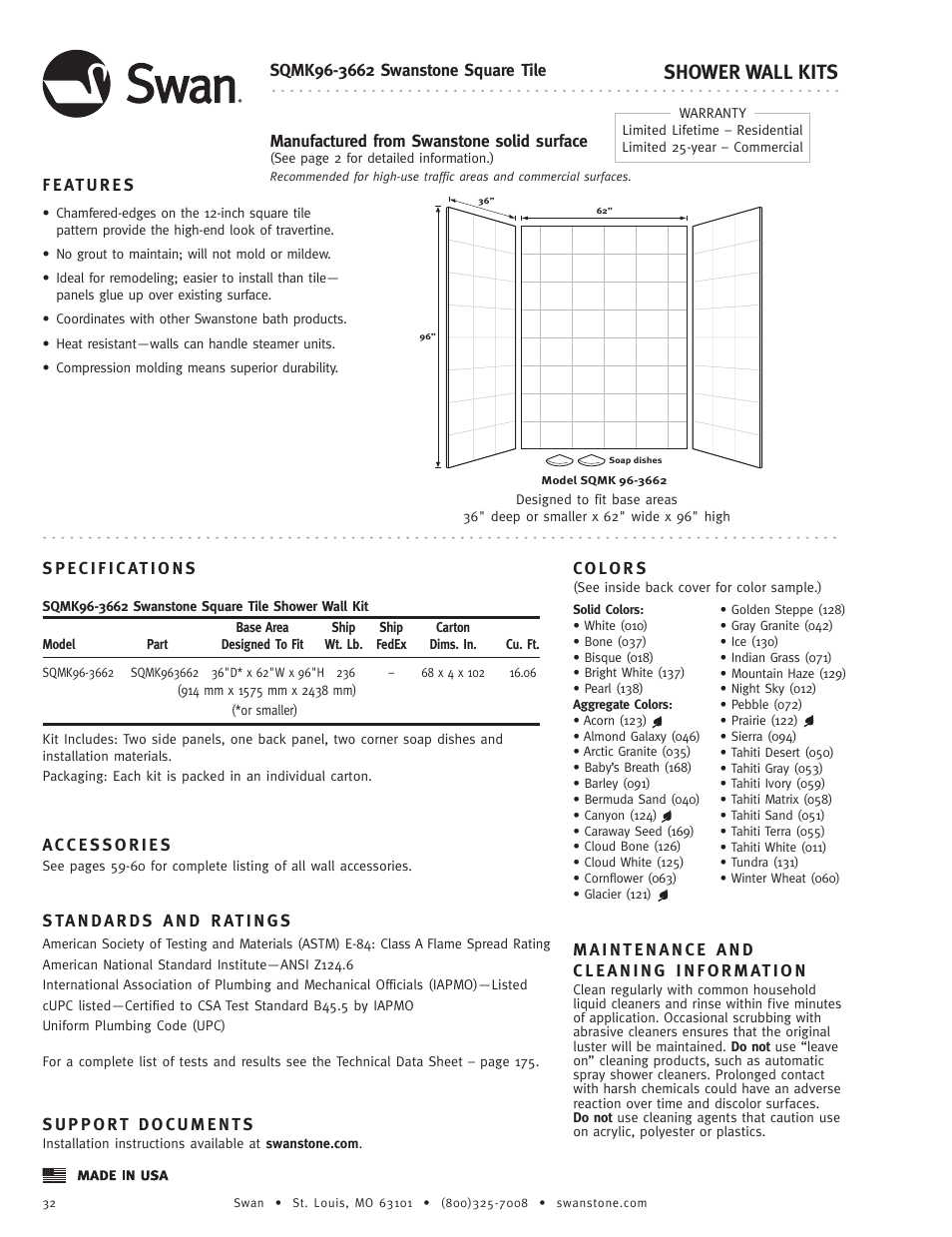 Shower wall kits | Swanstone SQMK96-(xxxx) - Specification User Manual | Page 3 / 4