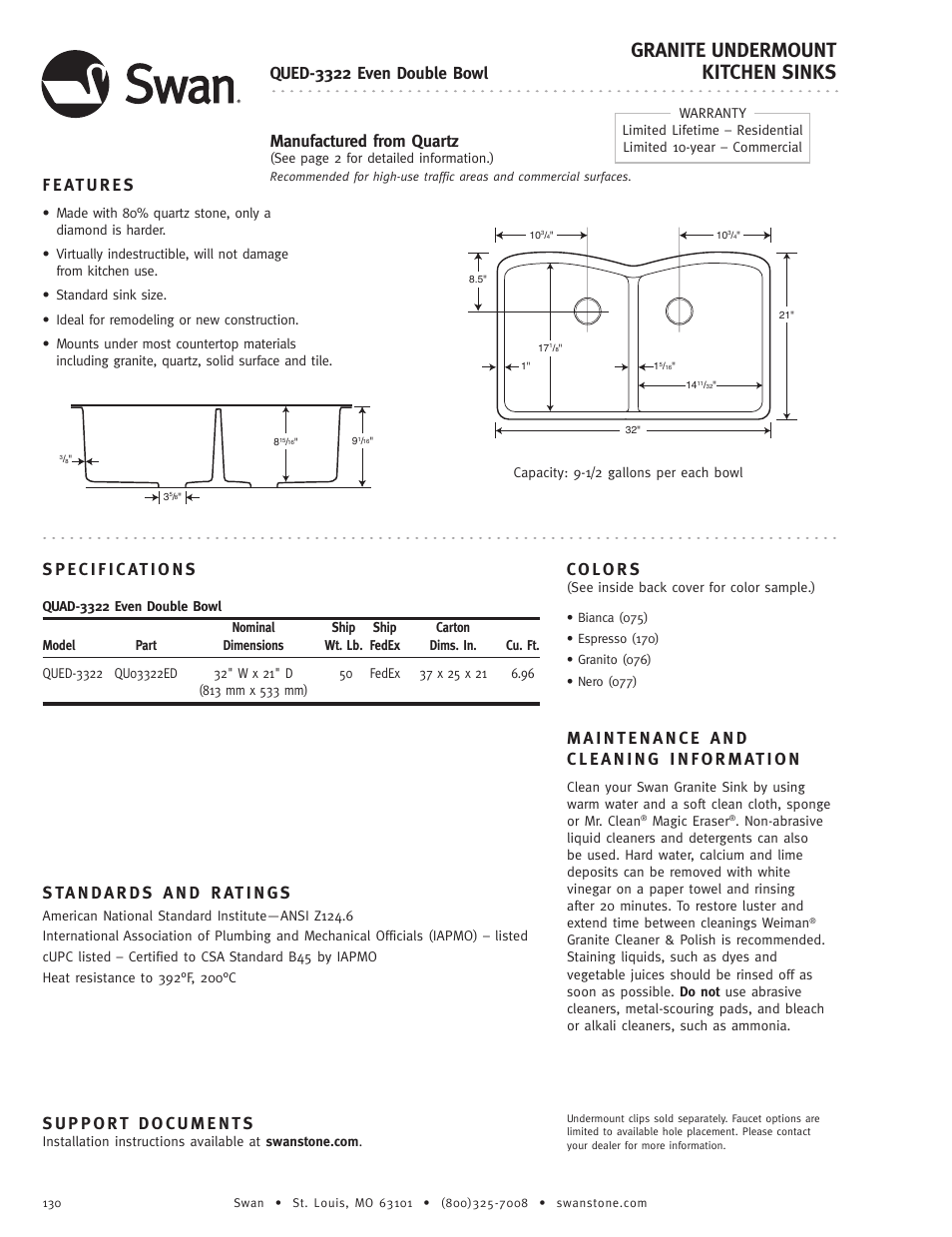 Swanstone QUED-3322 - Specification User Manual | 1 page