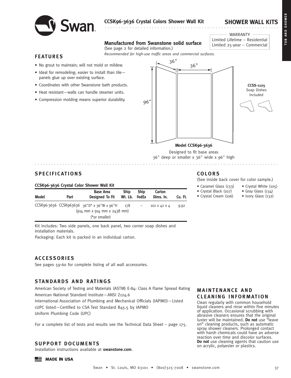 Swanstone CCSK96-(xxxx) - Specification User Manual | 2 pages