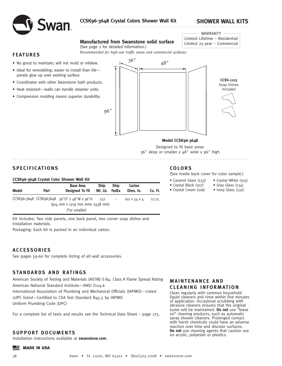 Shower wall kits | Swanstone CCSK96-(xxxx) - Specification User Manual | Page 2 / 2