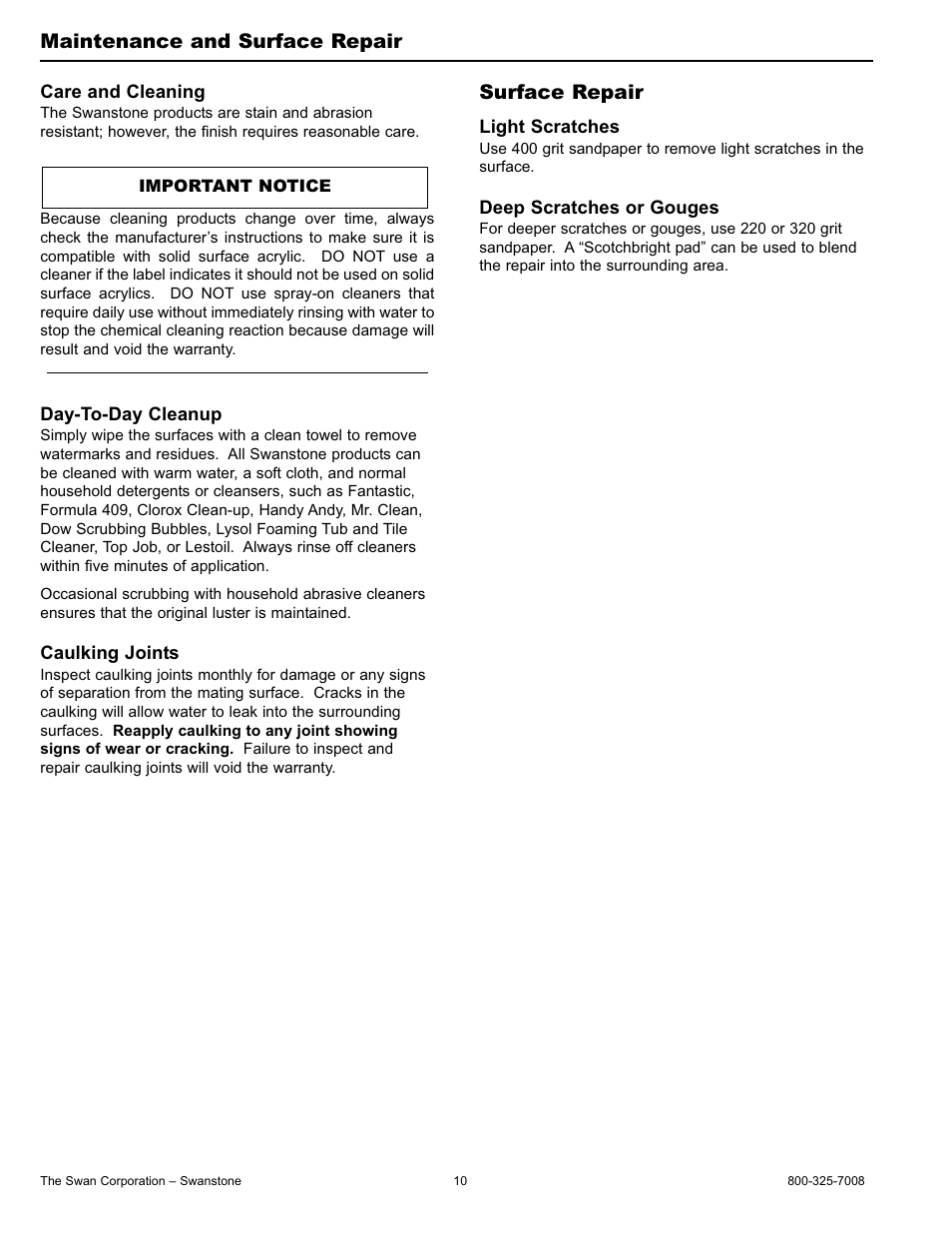 Surface repair, Maintenance and surface repair | Swanstone CS-1616 - Installation User Manual | Page 10 / 12