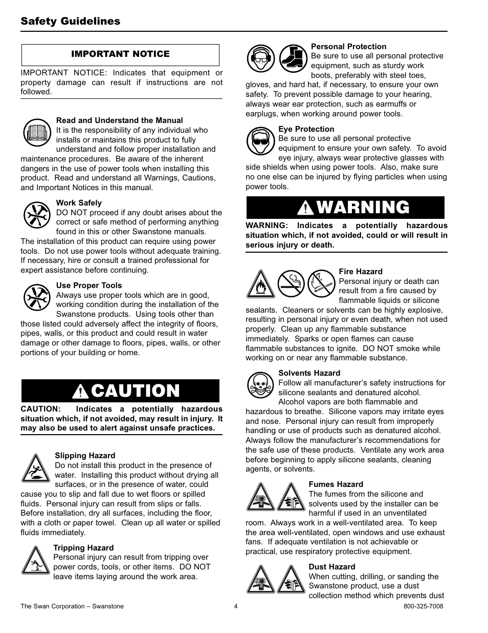 Warning caution, Safety guidelines | Swanstone CS-1616 - Installation User Manual | Page 4 / 12