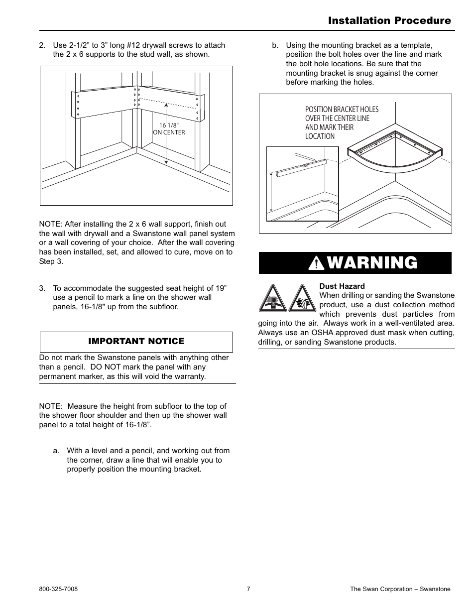 Warning, Installation procedure | Swanstone CS-1616 - Installation User Manual | Page 7 / 12
