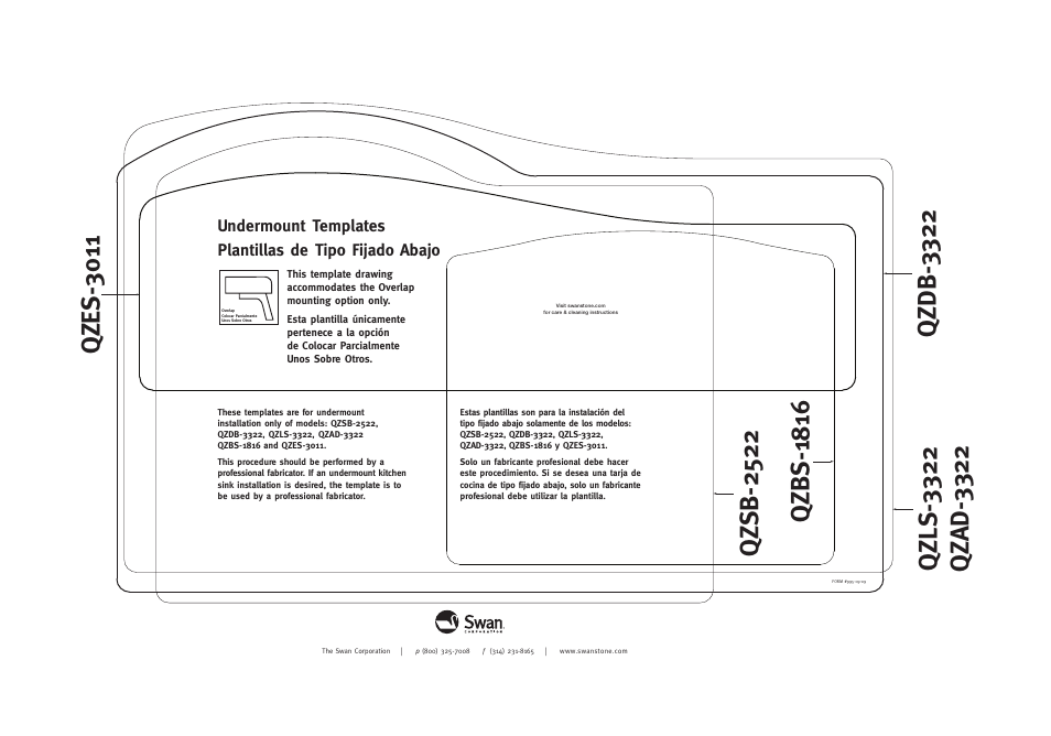 Qzes-3011, Plantillas de tipo fijado abajo, Undermount templates | Swanstone QZLS-3322 - Installation User Manual | Page 2 / 2