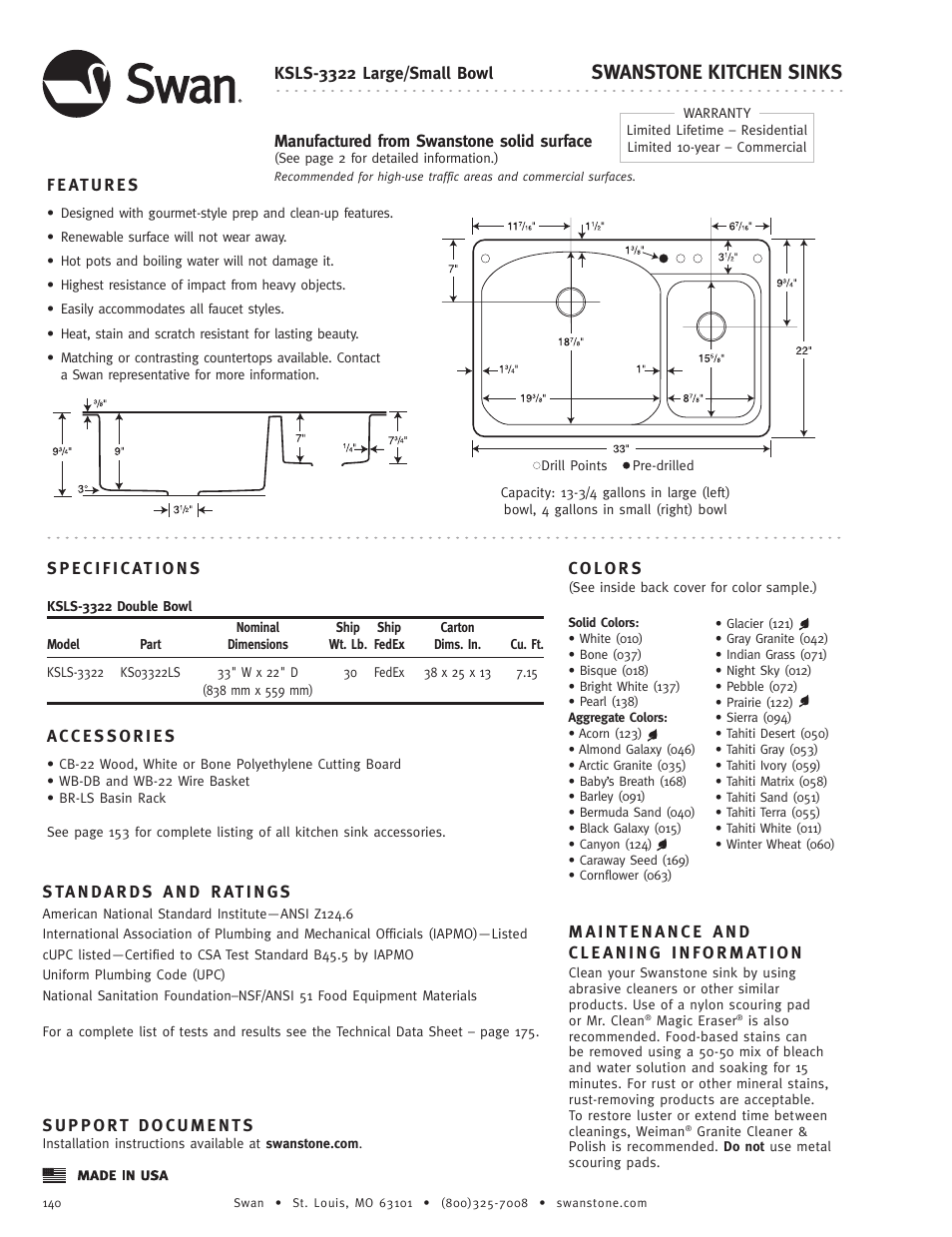 Swanstone KSLS-3322 - Specification User Manual | 1 page