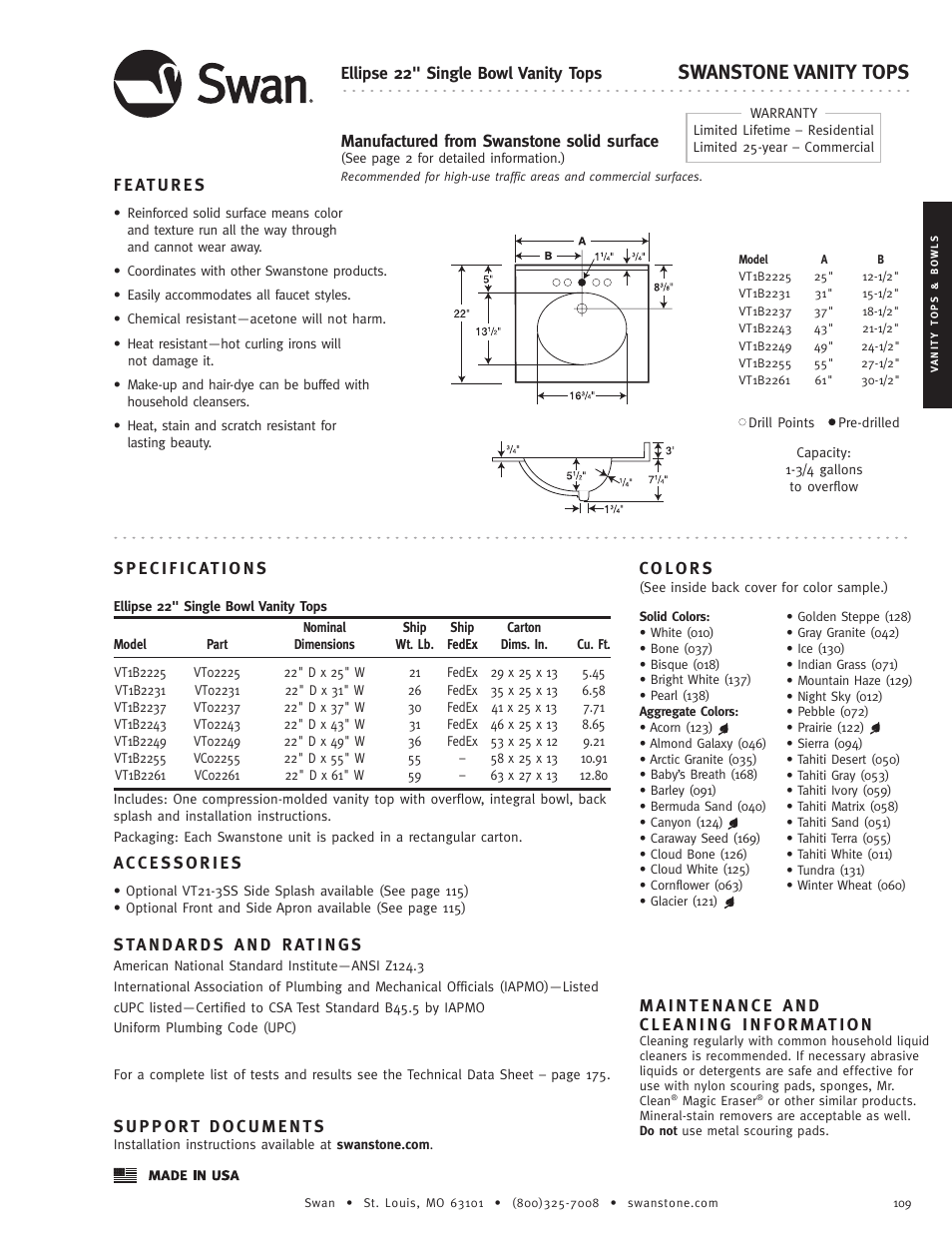 Swanstone VT1B-22xx - Specification User Manual | 1 page