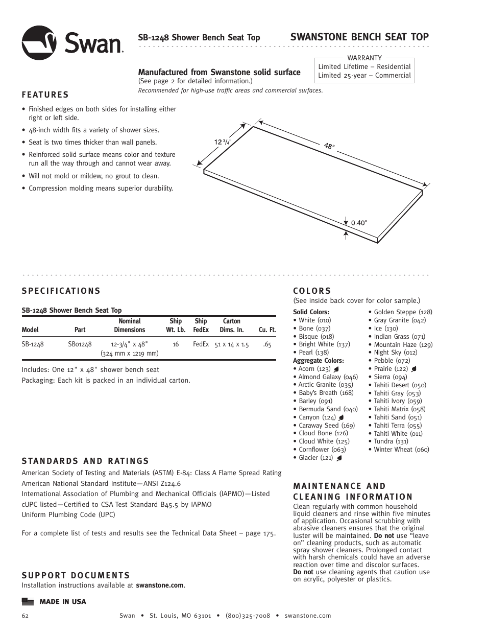 Swanstone SB-1248 - Specification User Manual | 1 page