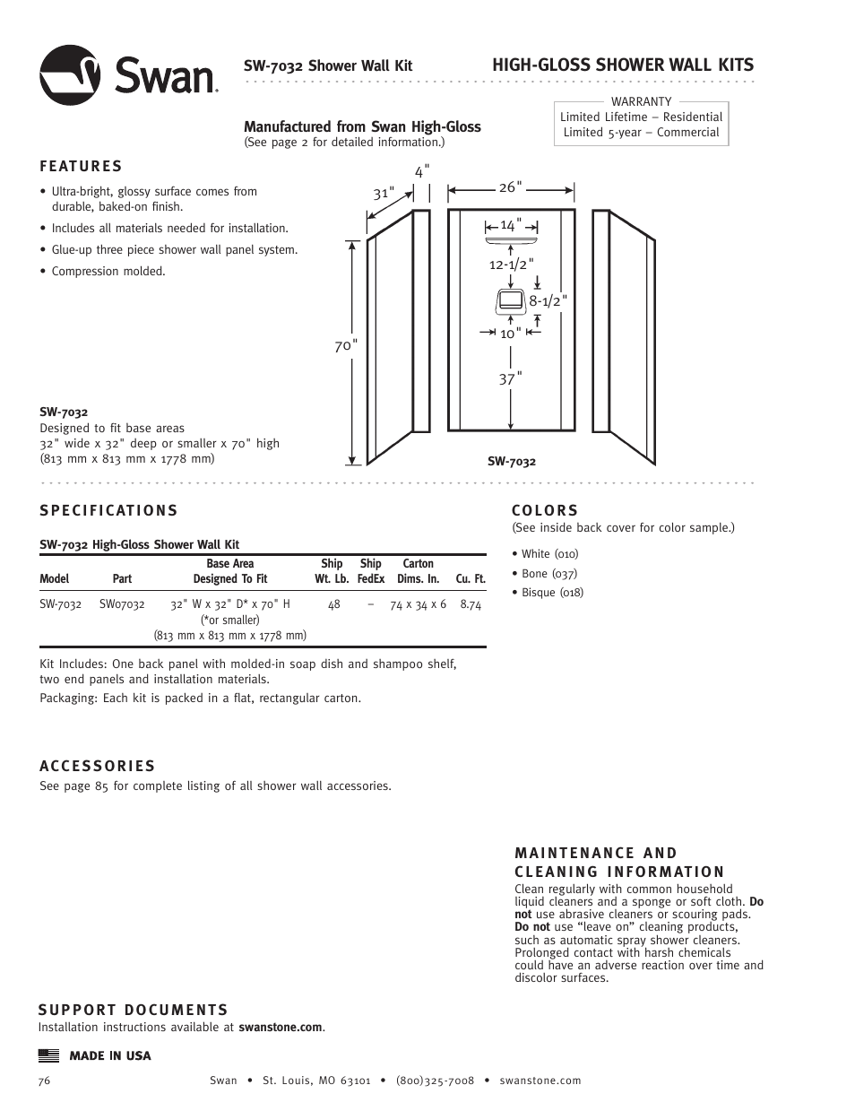 Swanstone SW-7032 - Specification User Manual | 1 page