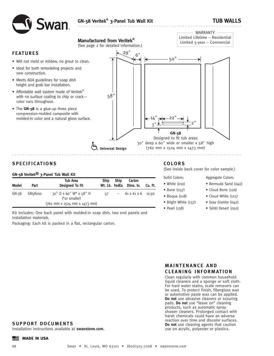 Swanstone GN-58 - Specification User Manual | 1 page