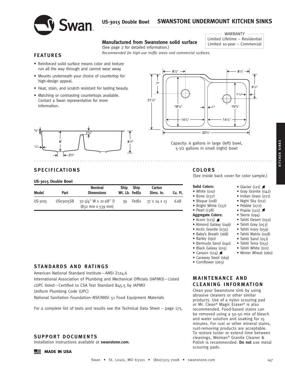 Swanstone US-3015 - Specification User Manual | 1 page