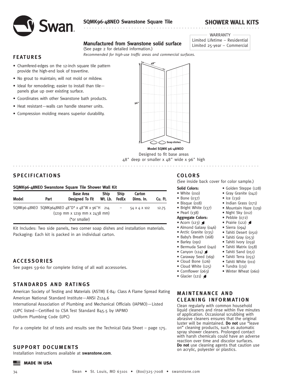 Shower wall kits | Swanstone SQMK(xx)-48NEO - Specification User Manual | Page 2 / 2