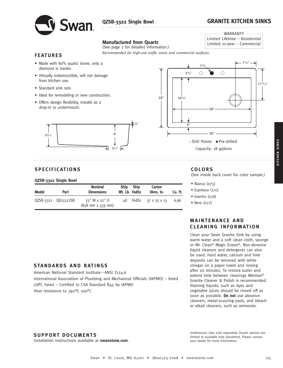 Swanstone QZSB-3322 - Specification User Manual | 1 page