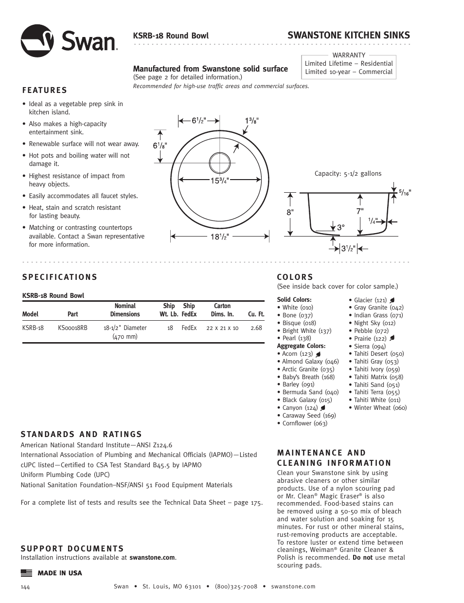 Swanstone KSRB-18 - Specification User Manual | 1 page