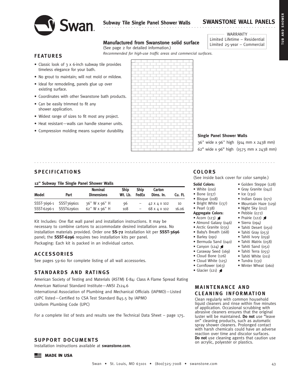 Swanstone SSST-6296-1 - Specification User Manual | 1 page