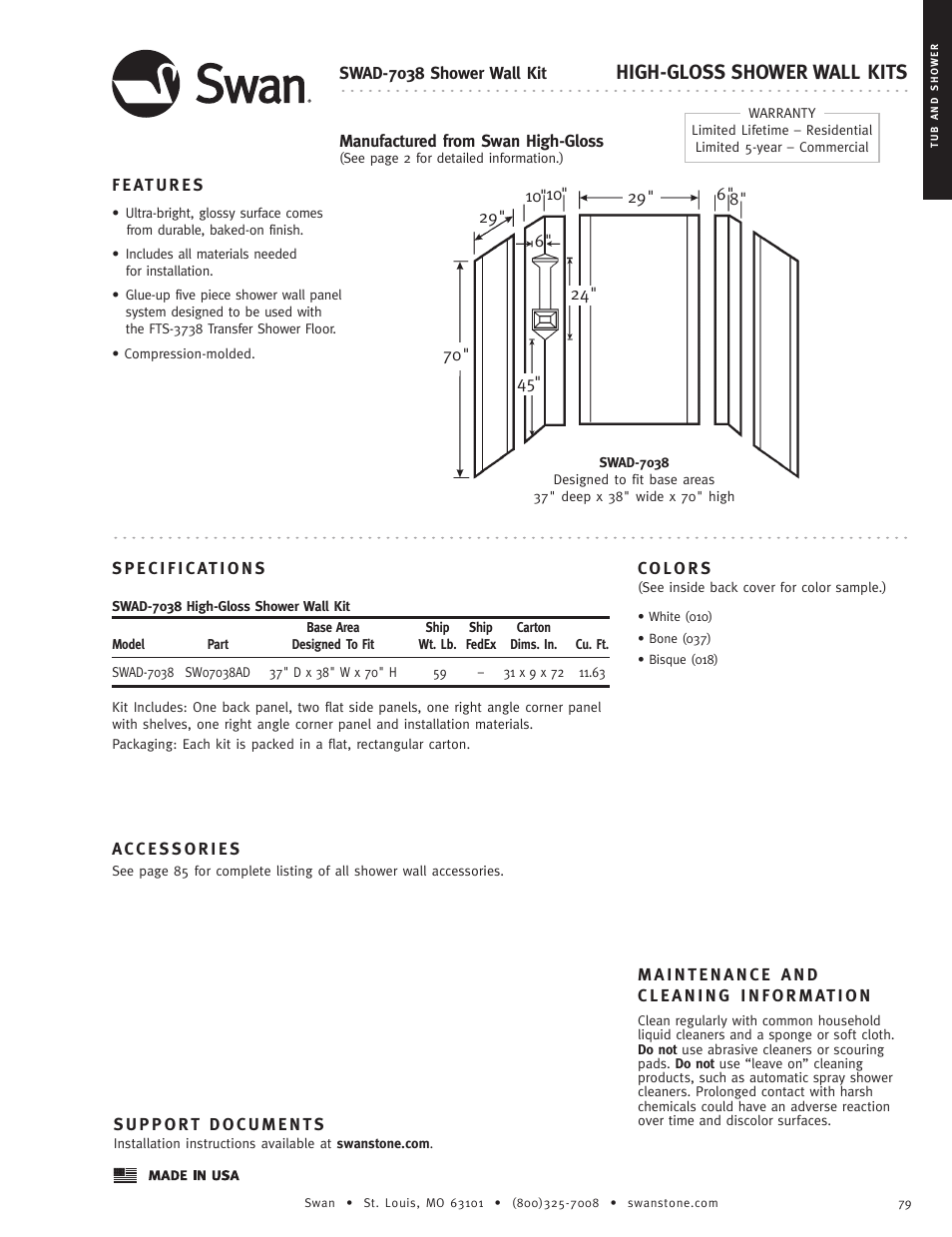 Swanstone SWAD-7038 - Specification User Manual | 1 page